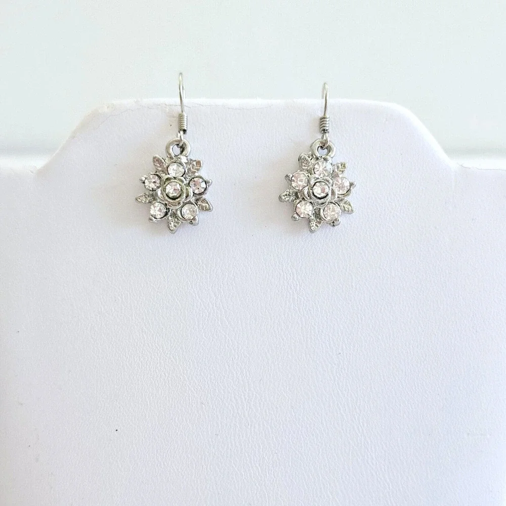 Floral Rhinestone Dangle Earrings Sparkly Silvertone Flower Dainty Feminine NEW